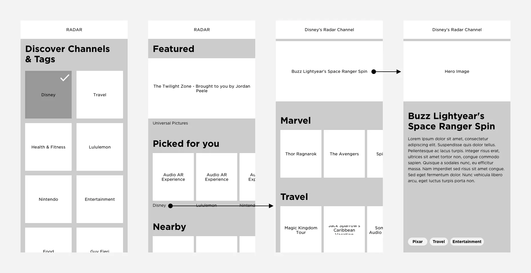 Some (very) high-level wireframes I created to help underscore the importance of categorizing audio AR content within apps.