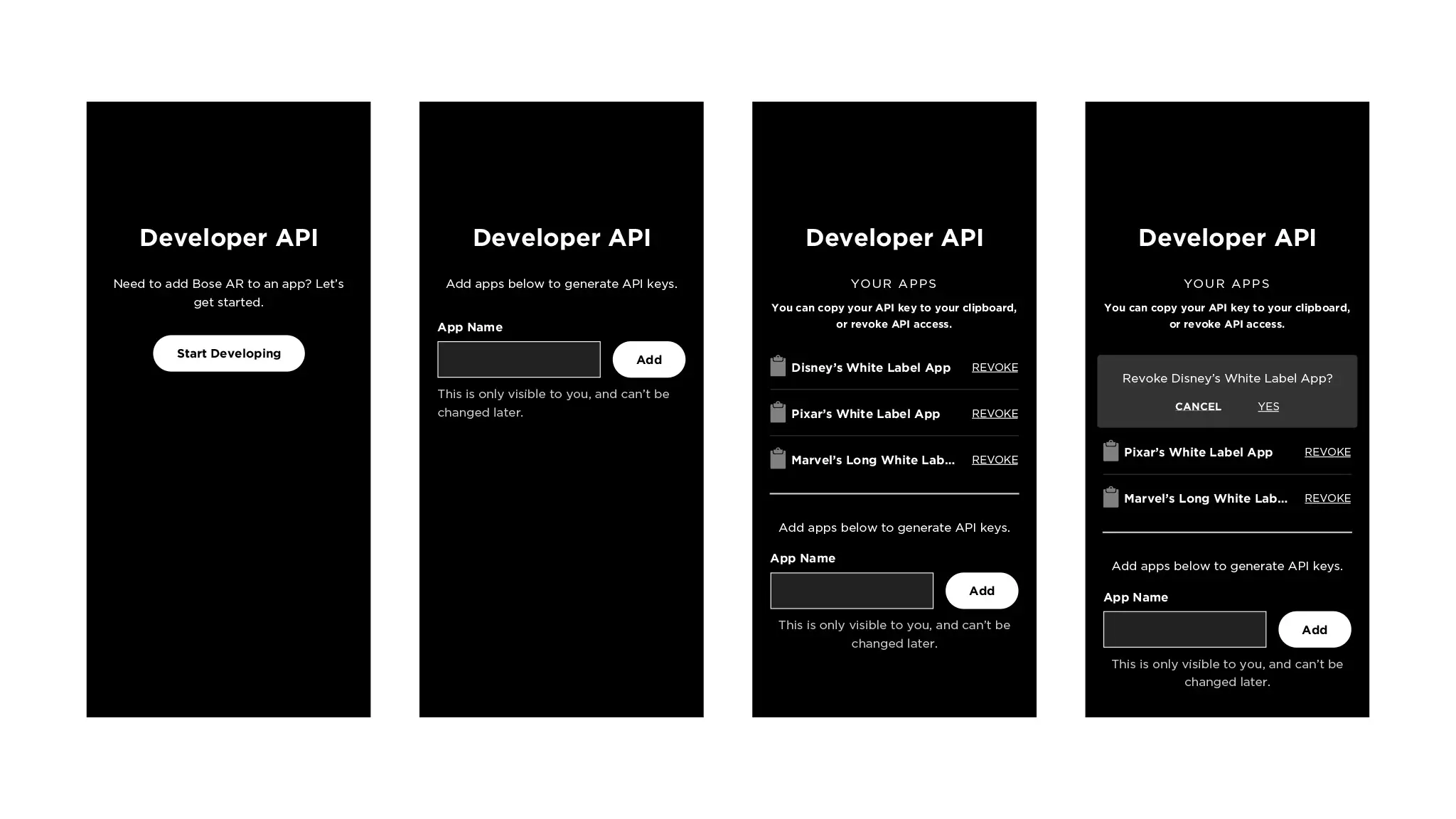 Screens showing how third-party developers can manage API keys for their apps to integrate with Bose AR.